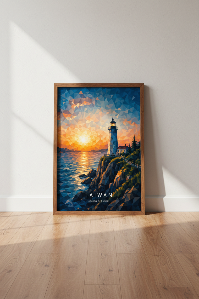 Taiwan Lighthouse Geometric Wall Art | Sunset Coastal Print, Modern Travel Poster