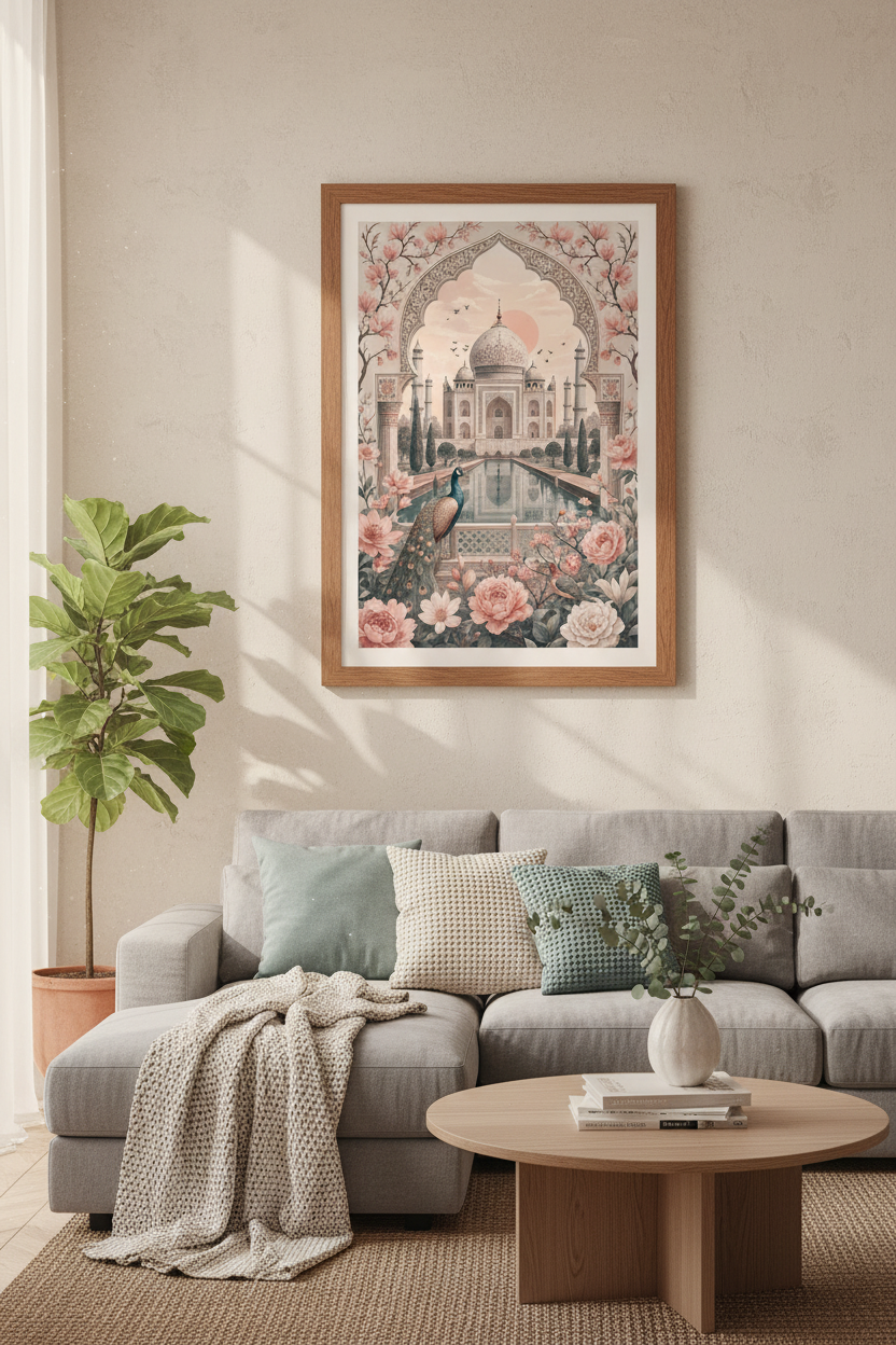 Taj Mahal Peacock Wall Art | Pink Floral Indian Decor | Soft Pastel Poster