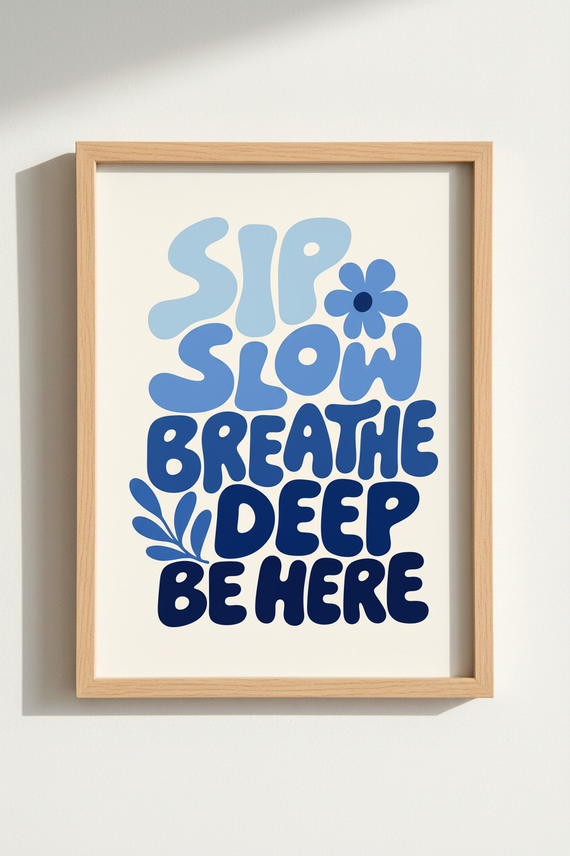 Mindful Quote Poster | Soft Blue Gradient, Retro Typography | Living Room Decor