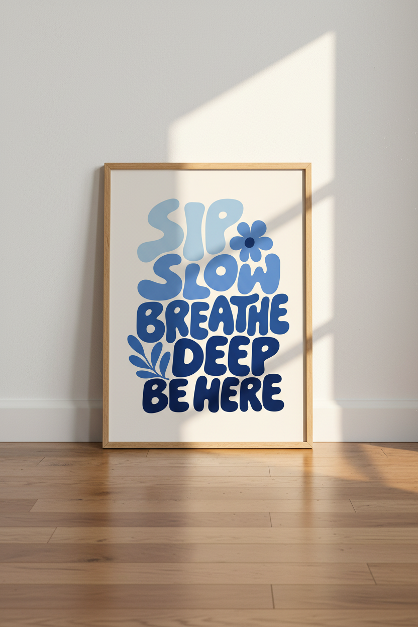 Mindful Quote Poster | Soft Blue Gradient, Retro Typography | Living Room Decor