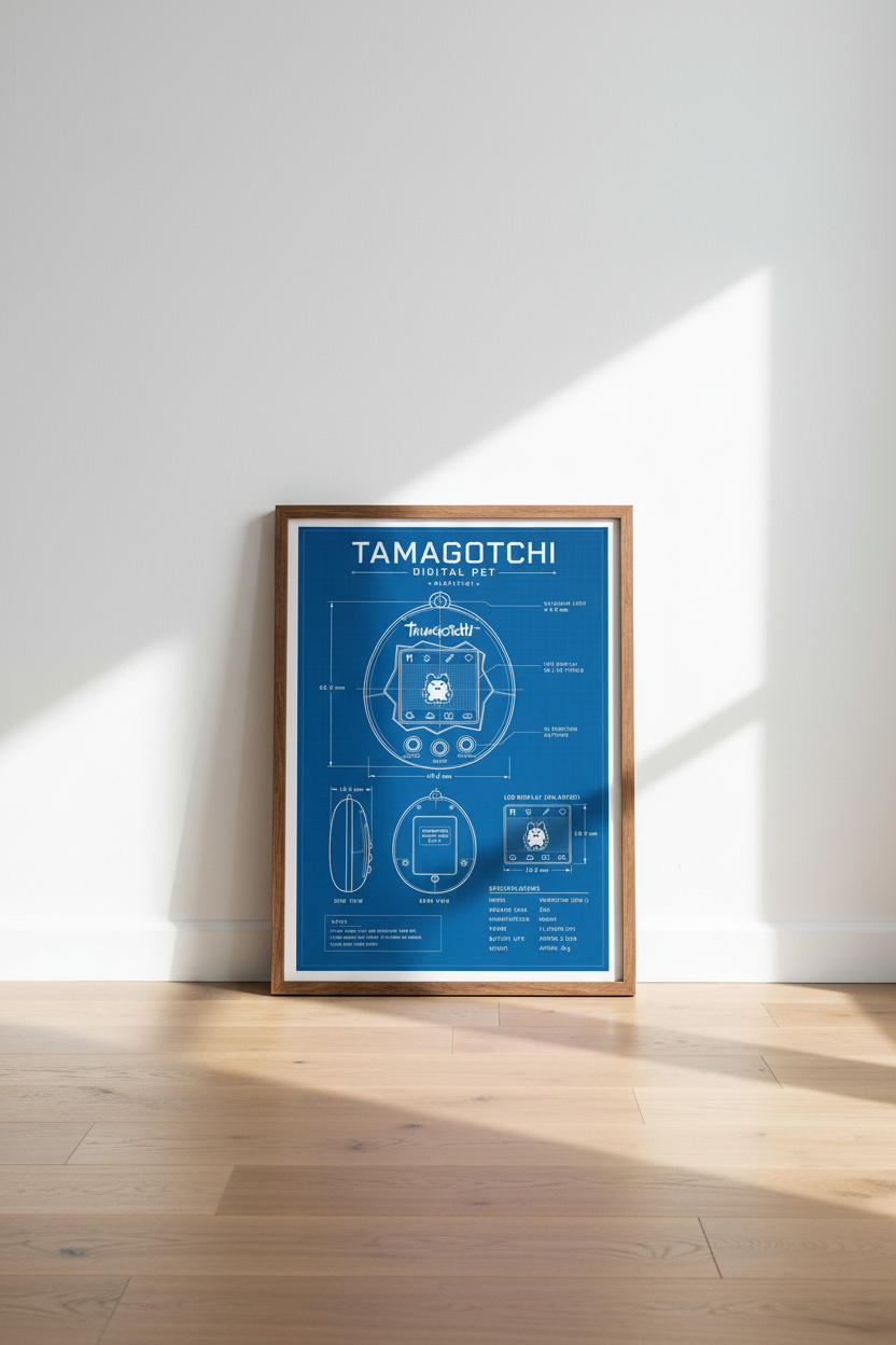 Tamagotchi Blueprint Wall Art Print | Retro Gaming Blue Decor | 90s Aesthetic Poster