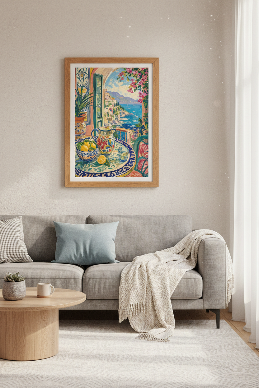 Amalfi Coast Painting | Mediterranean Lemon Balcony, Kitchen & Living Room Decor