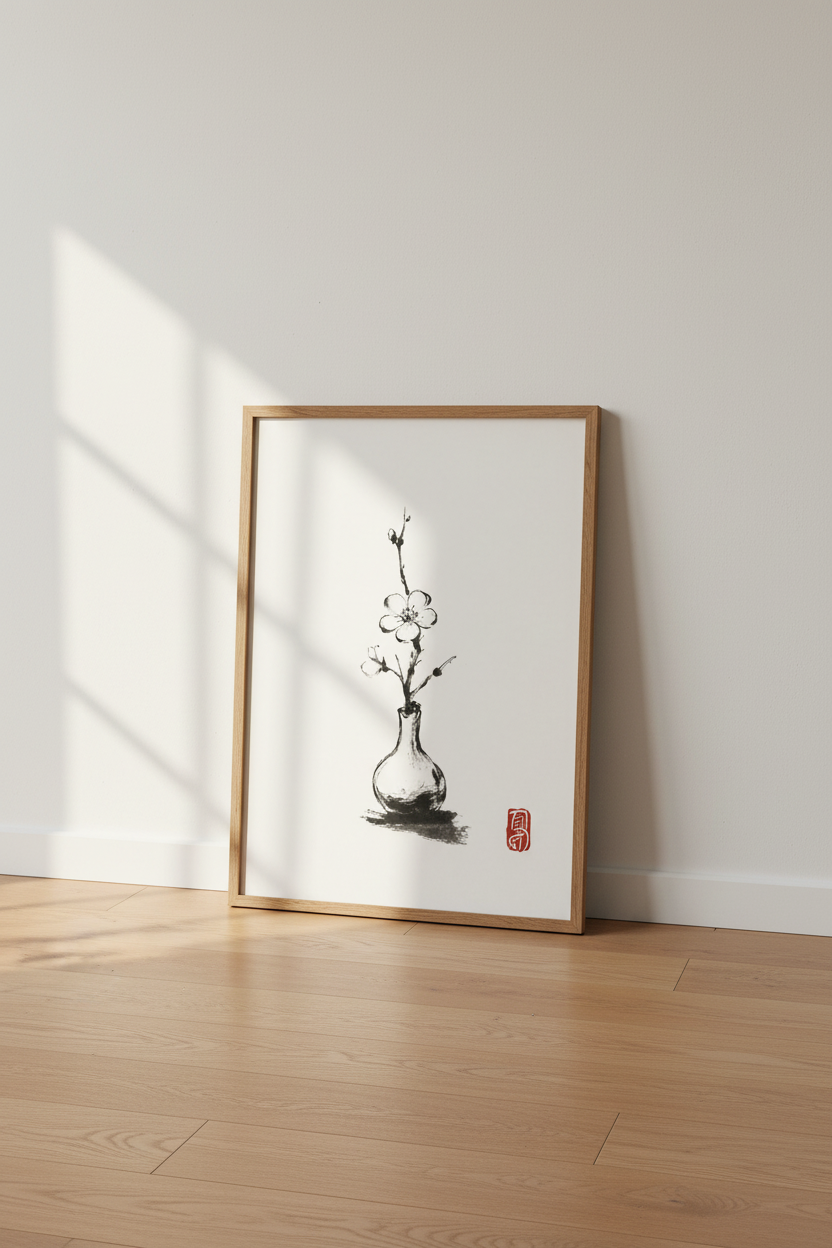 Zen Cherry Blossom Print | Minimalist Ink Wash Wall Art, Japandi Decor