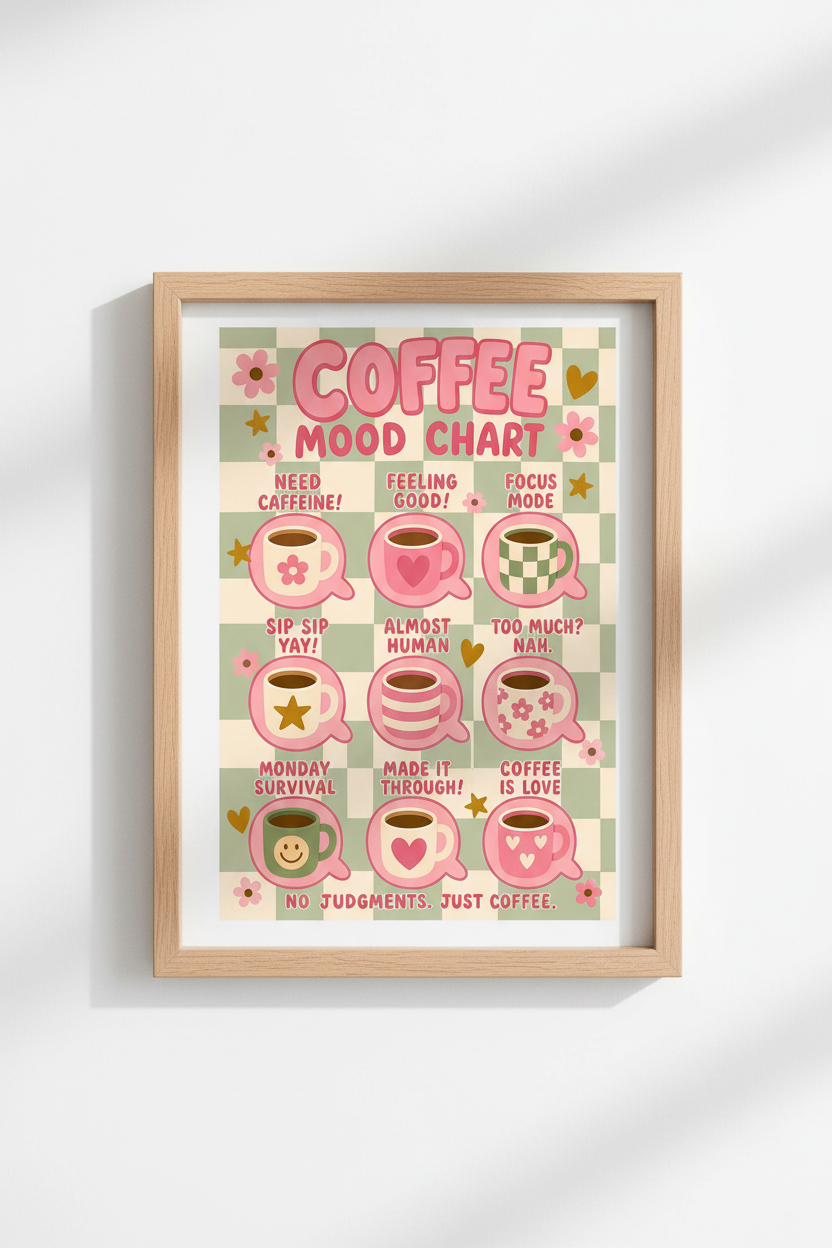 Pink Caffeine Wall Art Print | Retro Coffee Mood Chart, Sage Green Kitchen Decor