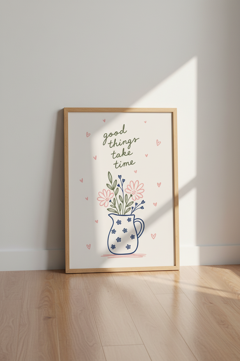 Floral Quote Wall Art | Good Things Take Time Poster | Aesthetic Room Decor