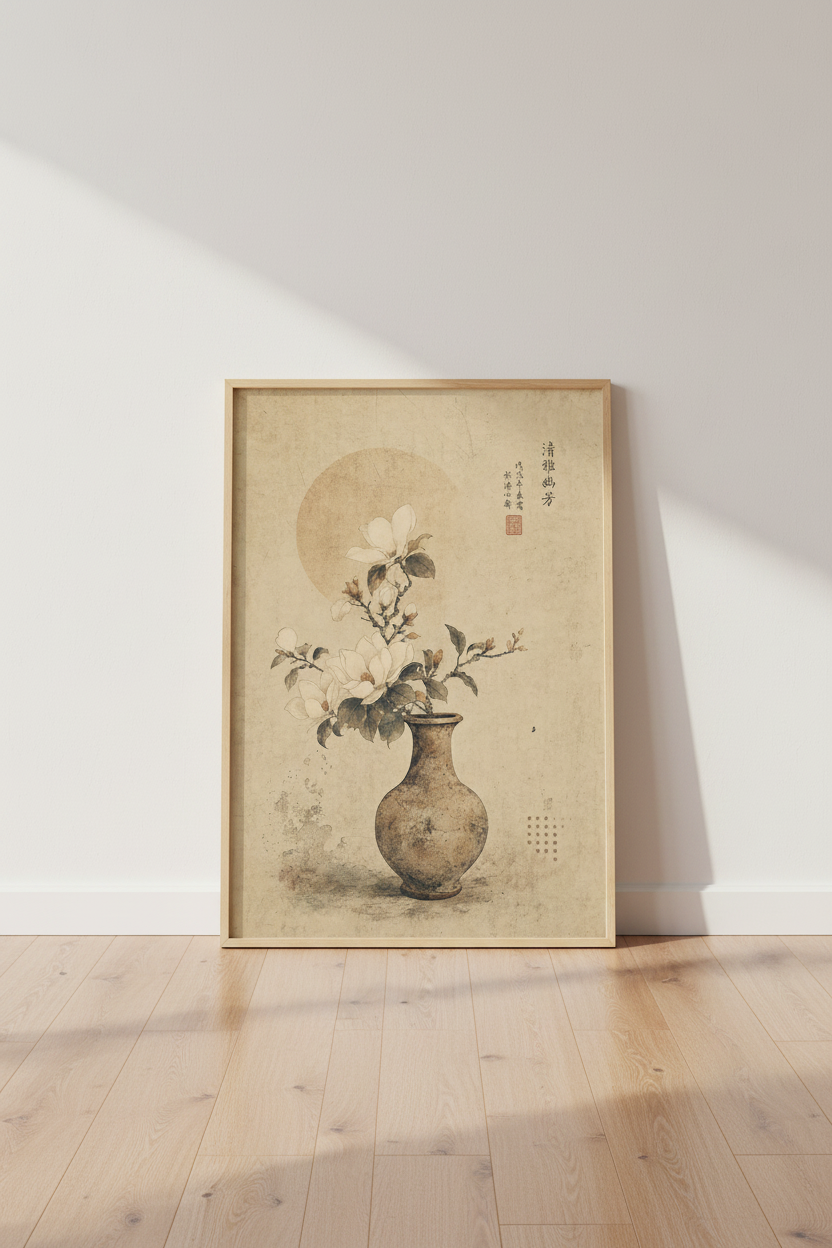 Japanese Magnolia Wall Art Print | Ink Flower Vase Poster | Zen Home Decor