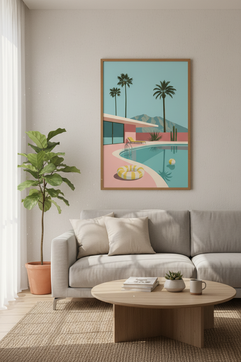 Palm Springs Pool Side Art | Mid Century Modern Pink House Print, Retro Room Decor