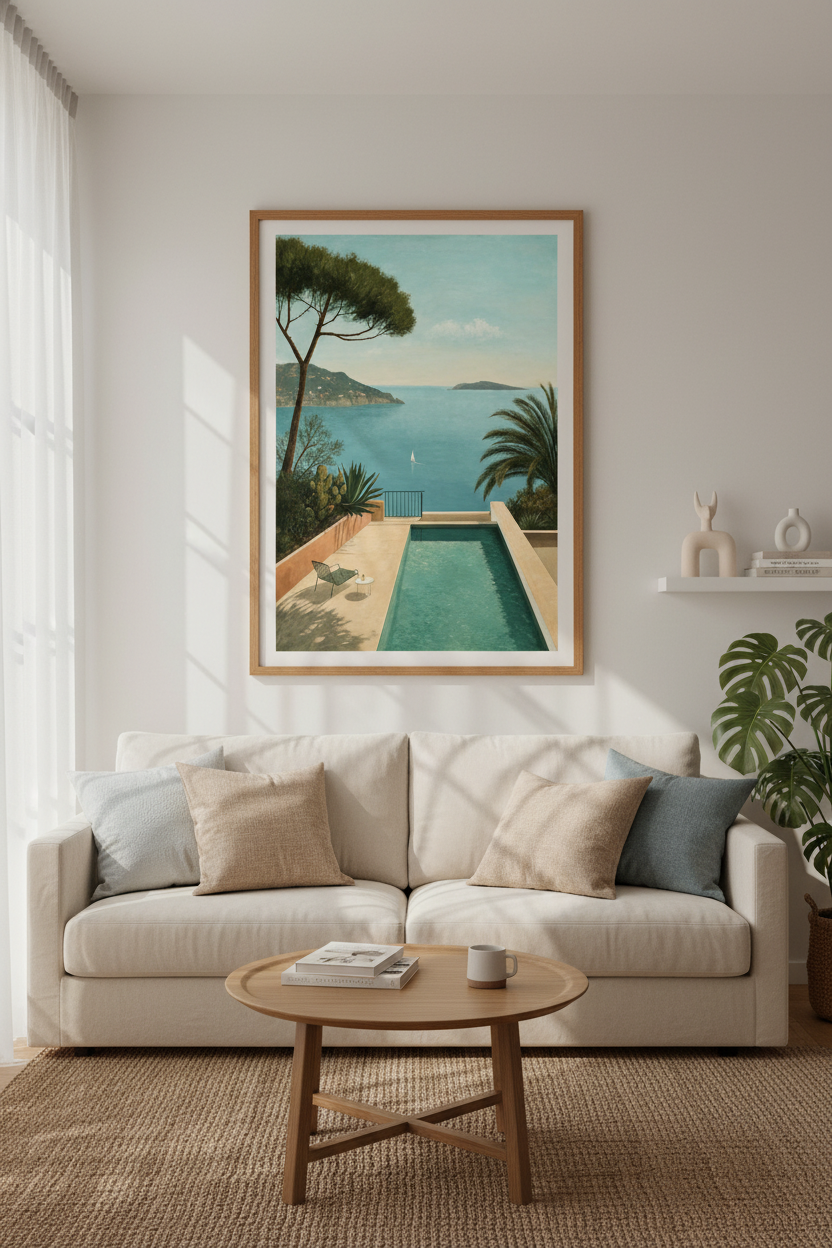 Mediterranean Poolside Art | Coastal Sea Landscape Print, Italian Summer Decor