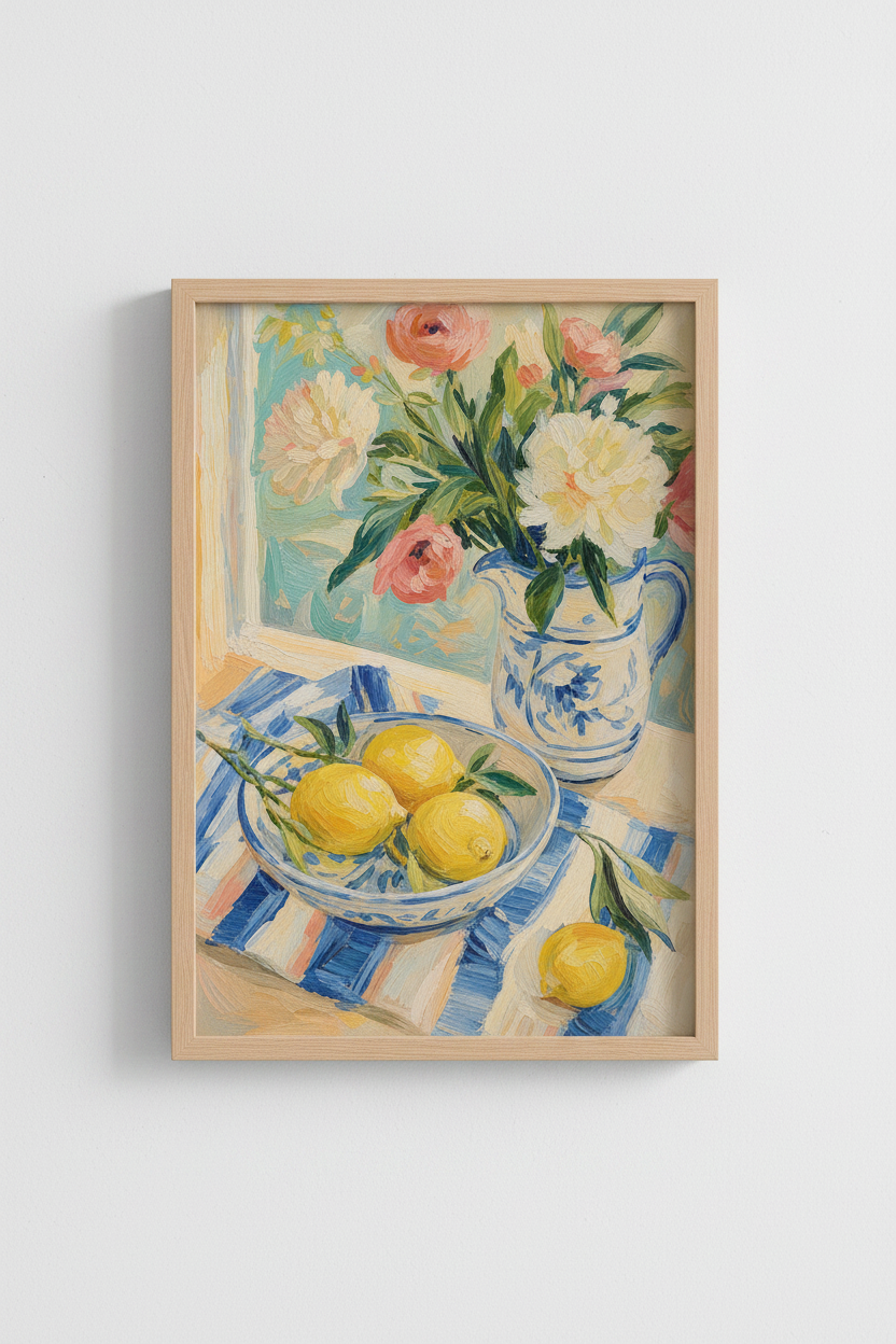 French Country Wall Art Print | Lemon & Floral Oil Painting, Kitchen Decor Poster