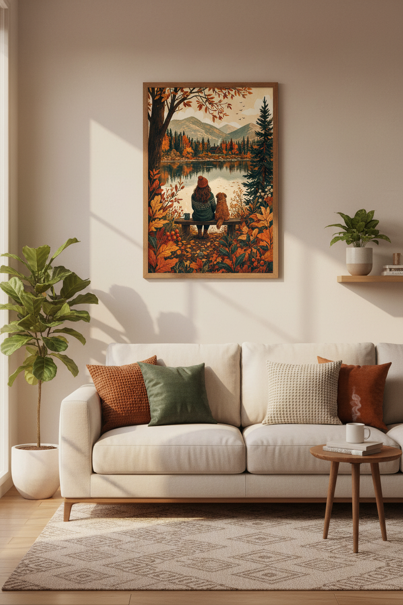 Autumn Lake View | Cozy Girl and Dog Mountain Print, Cabin Decor Poster