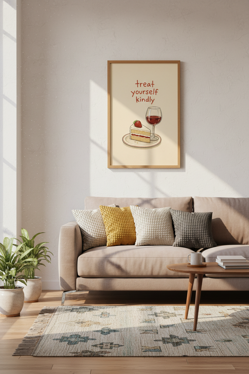 Treat Yourself Kindly Wall Art | Cake & Wine Food Illustration, Kitchen Decor
