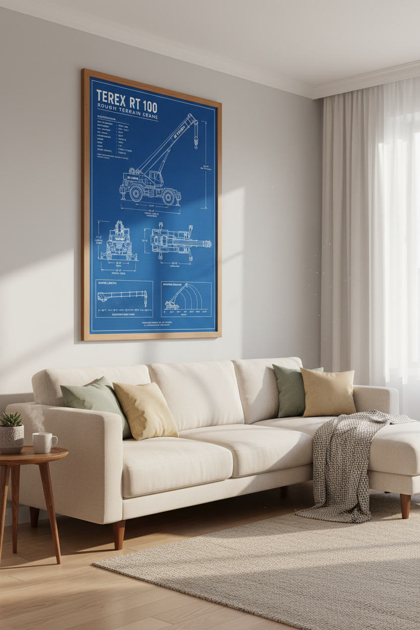 Terex RT 100 Crane Blueprint | Industrial Blue Technical Art, Office Decor