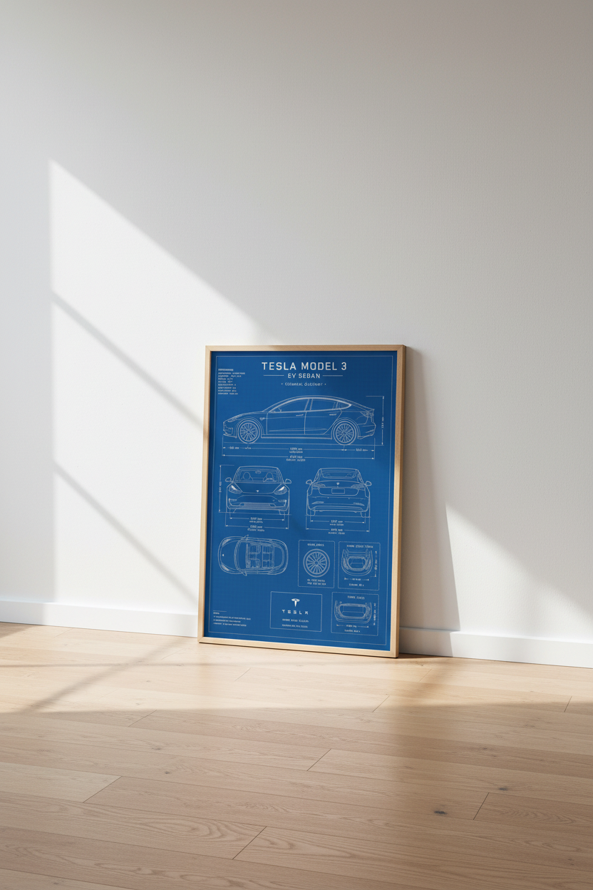Tesla Model 3 Blueprint Wall Art | EV Sedan Technical Poster | Office Decor