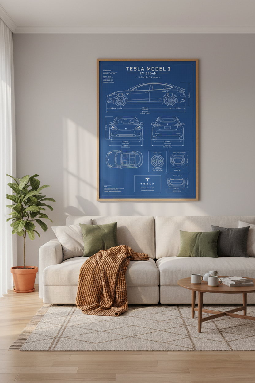 Tesla Model 3 Blueprint Wall Art | EV Sedan Technical Poster | Office Decor