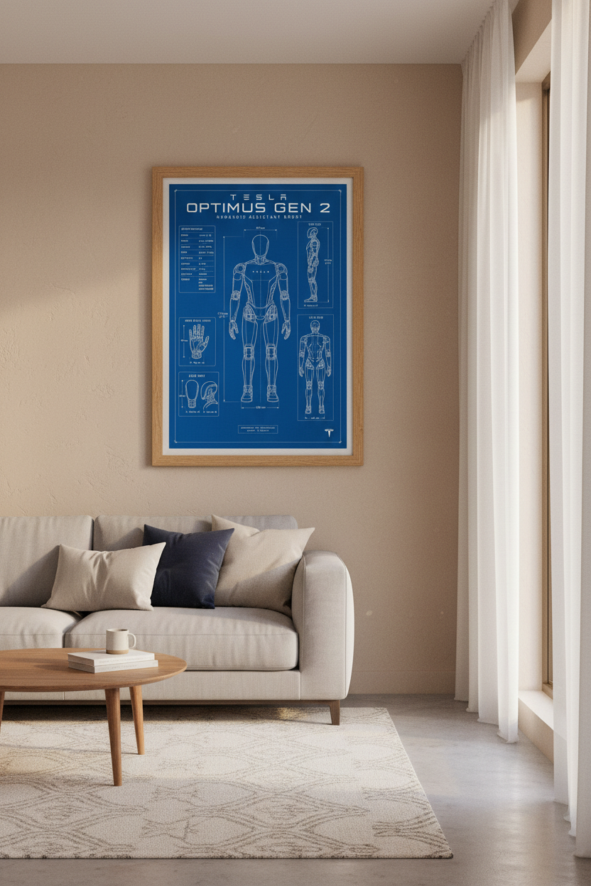 Tesla Optimus Gen 2 Blueprint Art | Robot Tech Poster, Blue Office Decor