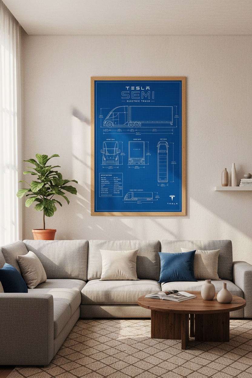 Tesla Semi Blueprint Wall Art | Electric Truck Poster, Garage & Office Decor