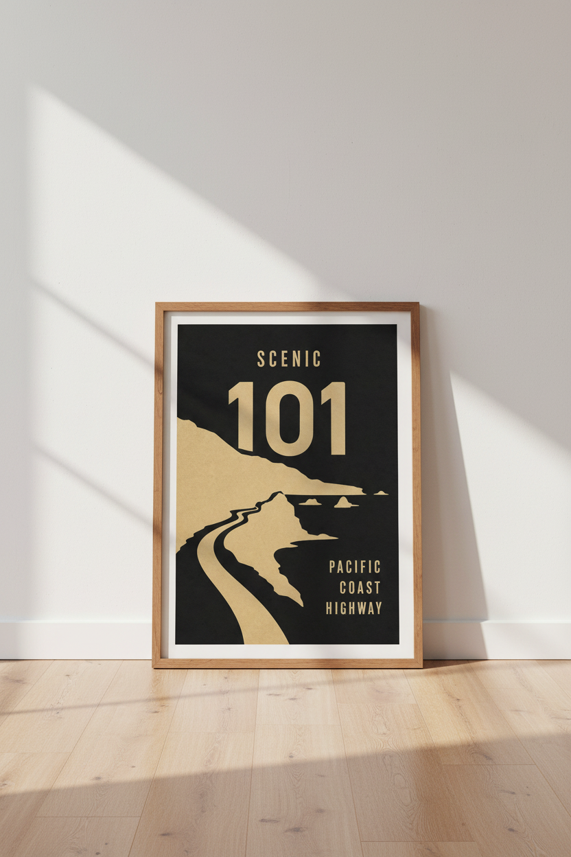 Pacific Coast Highway 101 Wall Art | Minimalist Black Gold Decor | California Travel