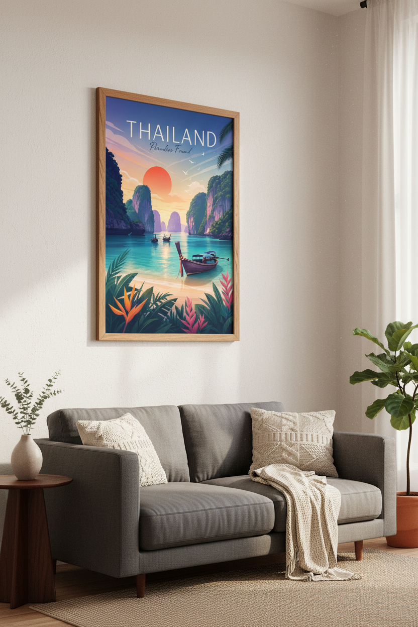 Thailand Travel Poster | Tropical Beach Sunset Wall Art, Coastal Home Decor