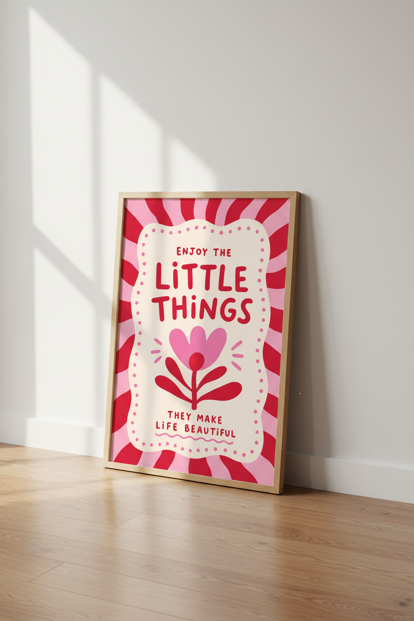 Enjoy The Little Things Flower Print | Retro Pink Red Poster, Funky Dorm Decor