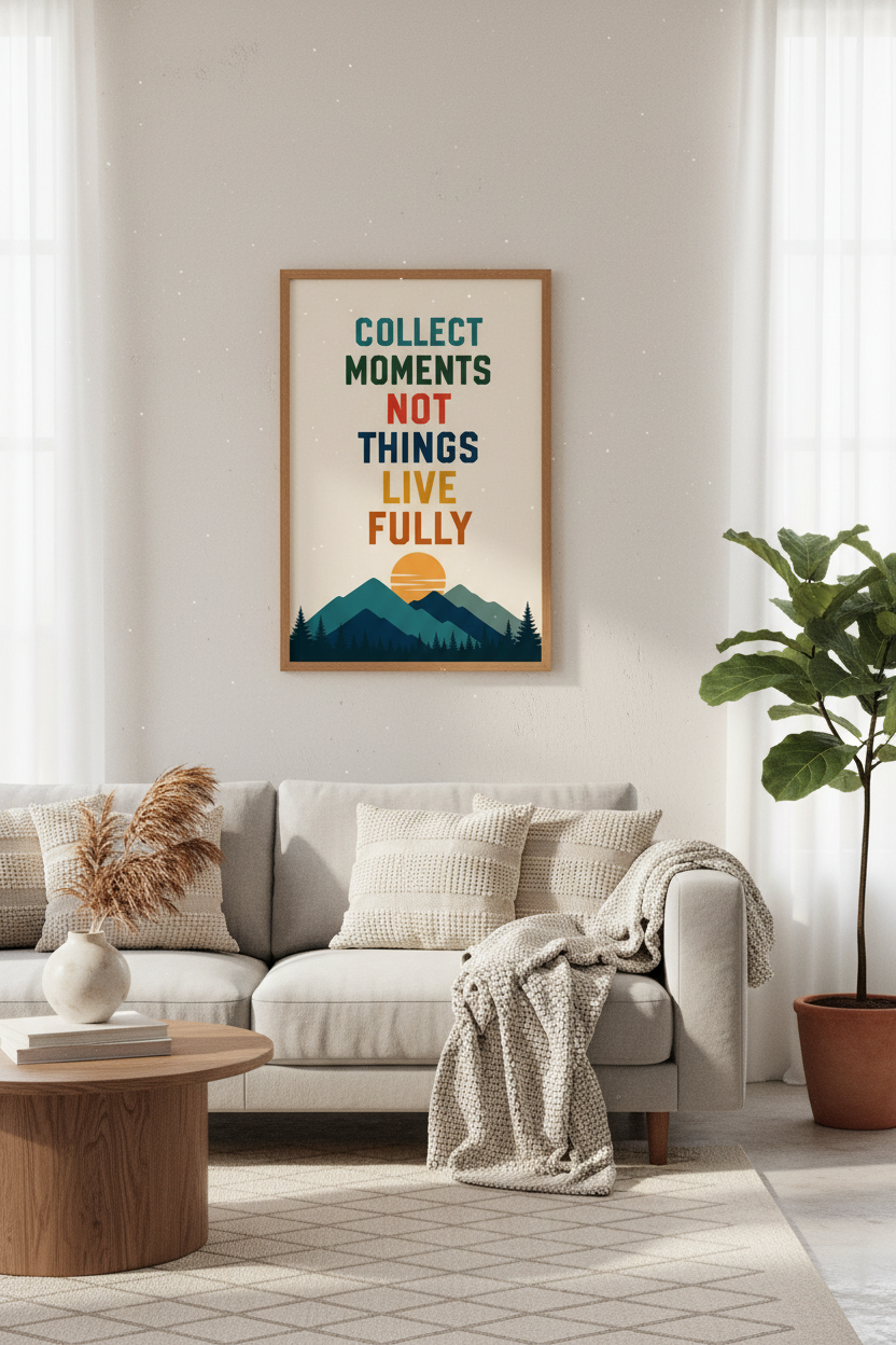Collect Moments Mountain Wall Art | Retro Sunset Quote Poster, Office Decor