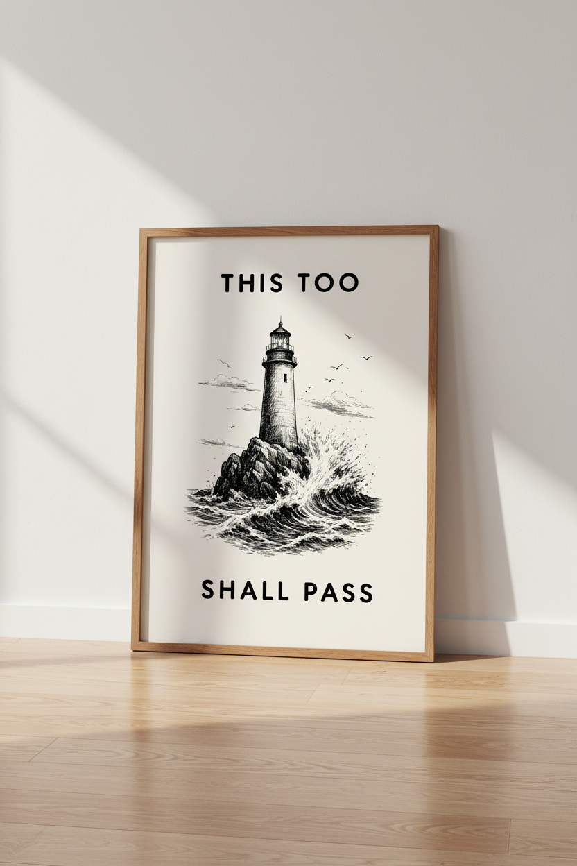 Lighthouse Quote Wall Art Print | This Too Shall Pass Nautical Poster | Minimalist Decor
