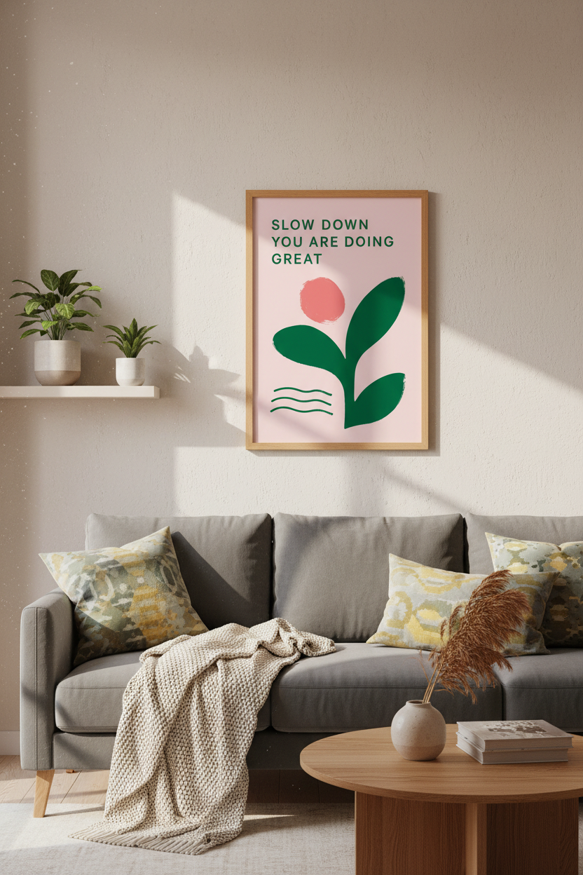 Slow Down You Are Doing Great | Green & Pink Pastel Floral Art, Office Wall Decor