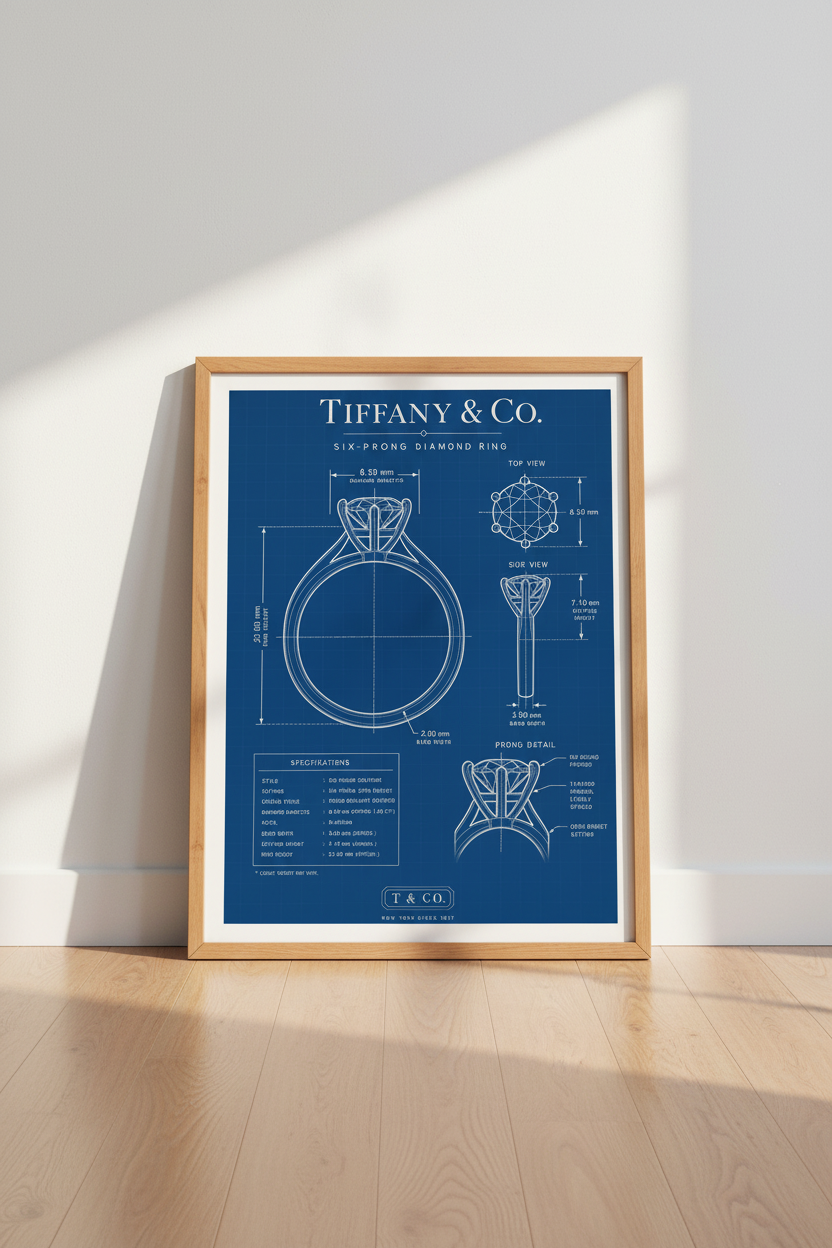Diamond Ring Blueprint Wall Art | Blue Technical Poster | Wedding Decor
