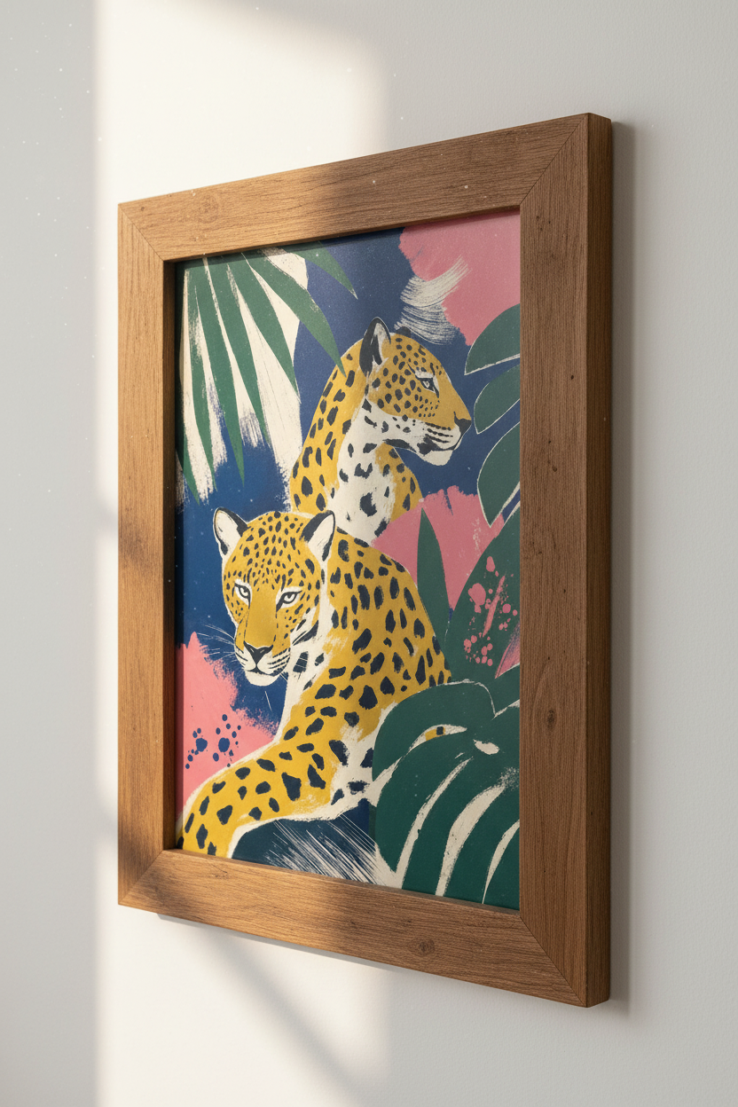 Leopard Jungle Wall Art | Navy & Pink Tropical Decor | Modern Animal Poster