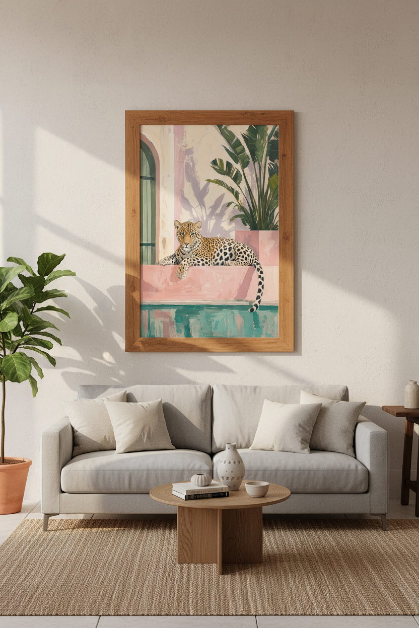 Leopard by the Pool Wall Art | Pink Tropical Painting, Chic Animal Habitual Poster