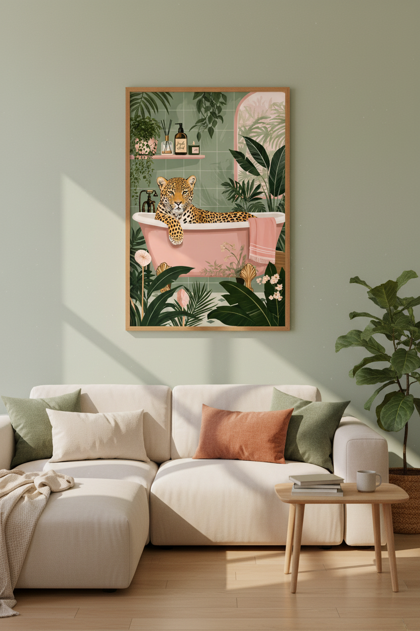 Leopard in Bathtub Wall Art | Pink & Green Tropical Decor | Maximalist Poster