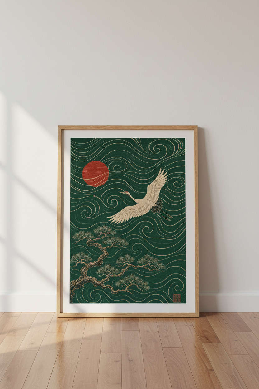 Japanese Crane | Emerald Green Art Print, Zen Living Room Poster