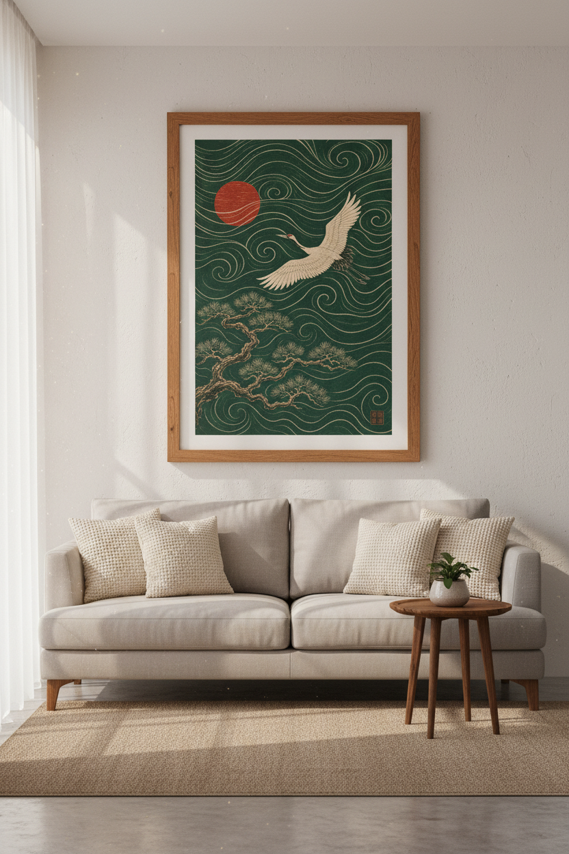 Japanese Crane | Emerald Green Art Print, Zen Living Room Poster