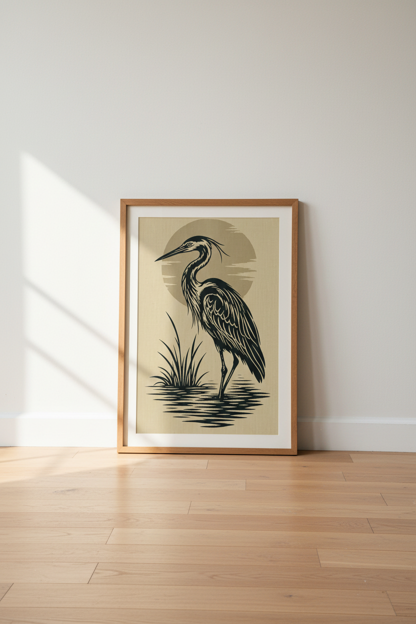 Great Blue Heron Wall Art | Woodblock Style Bird Print, Coastal Decor