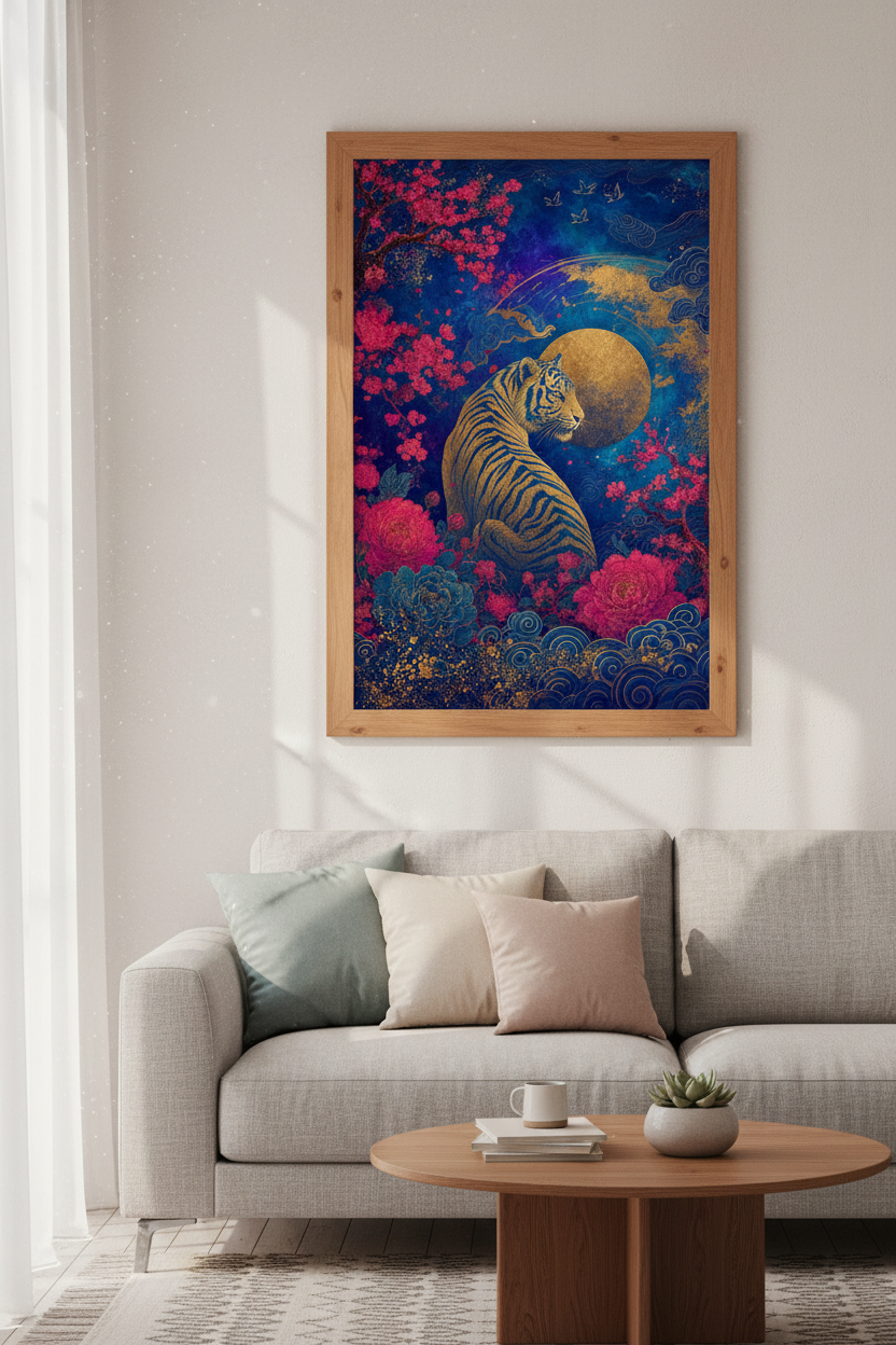 Japanese Tiger Wall Art | Gold Navy Cherry Blossom Poster | Zen Living Room Decor
