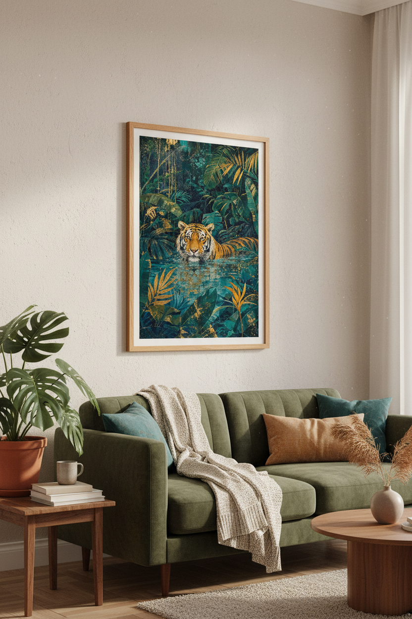 Tiger in Jungle Wall Art | Teal & Gold Botanical Print, Maximalist Decor