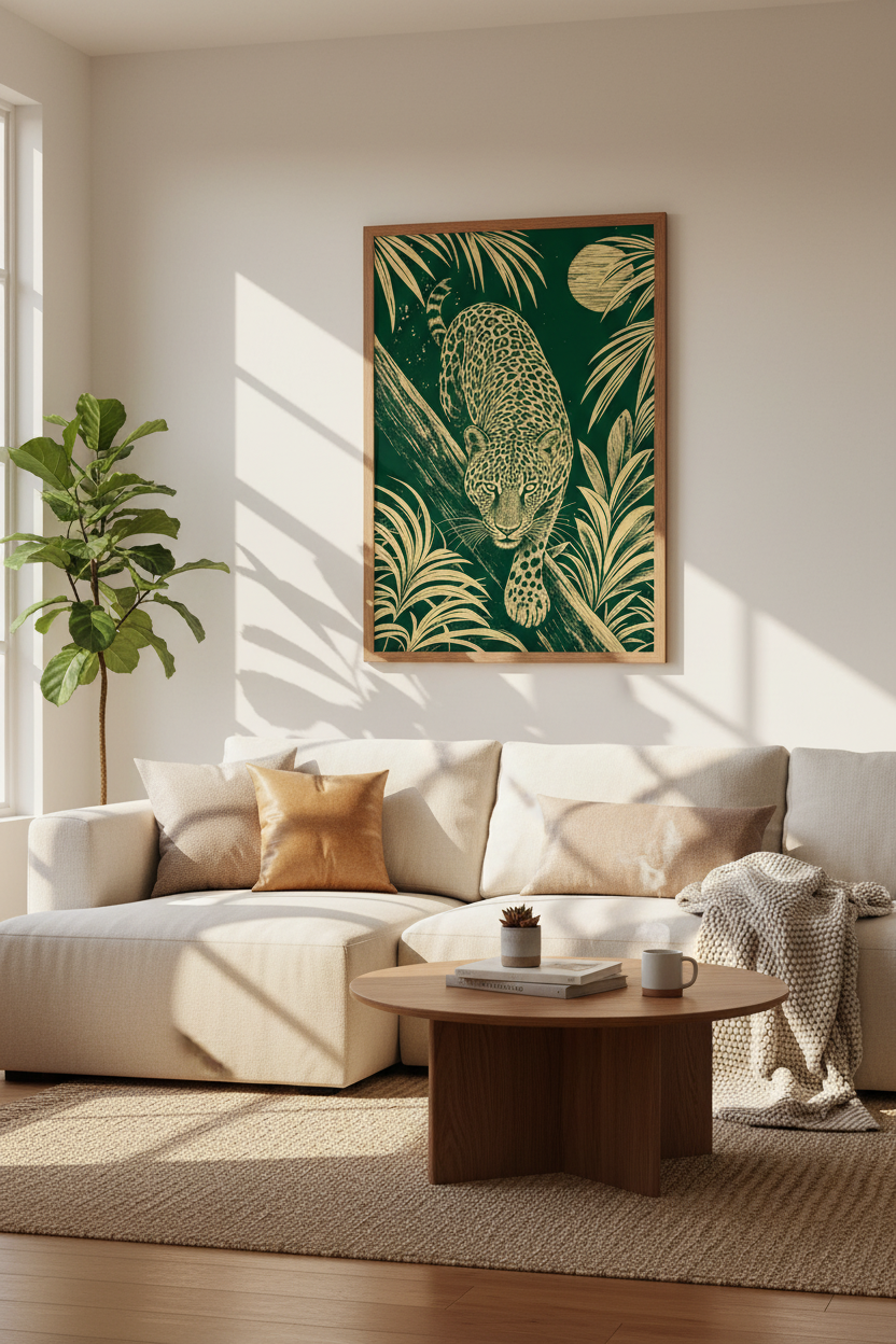 Leopard Jungle Wall Art | Emerald Green & Gold Botanical Decor, Exotic Nature Poster