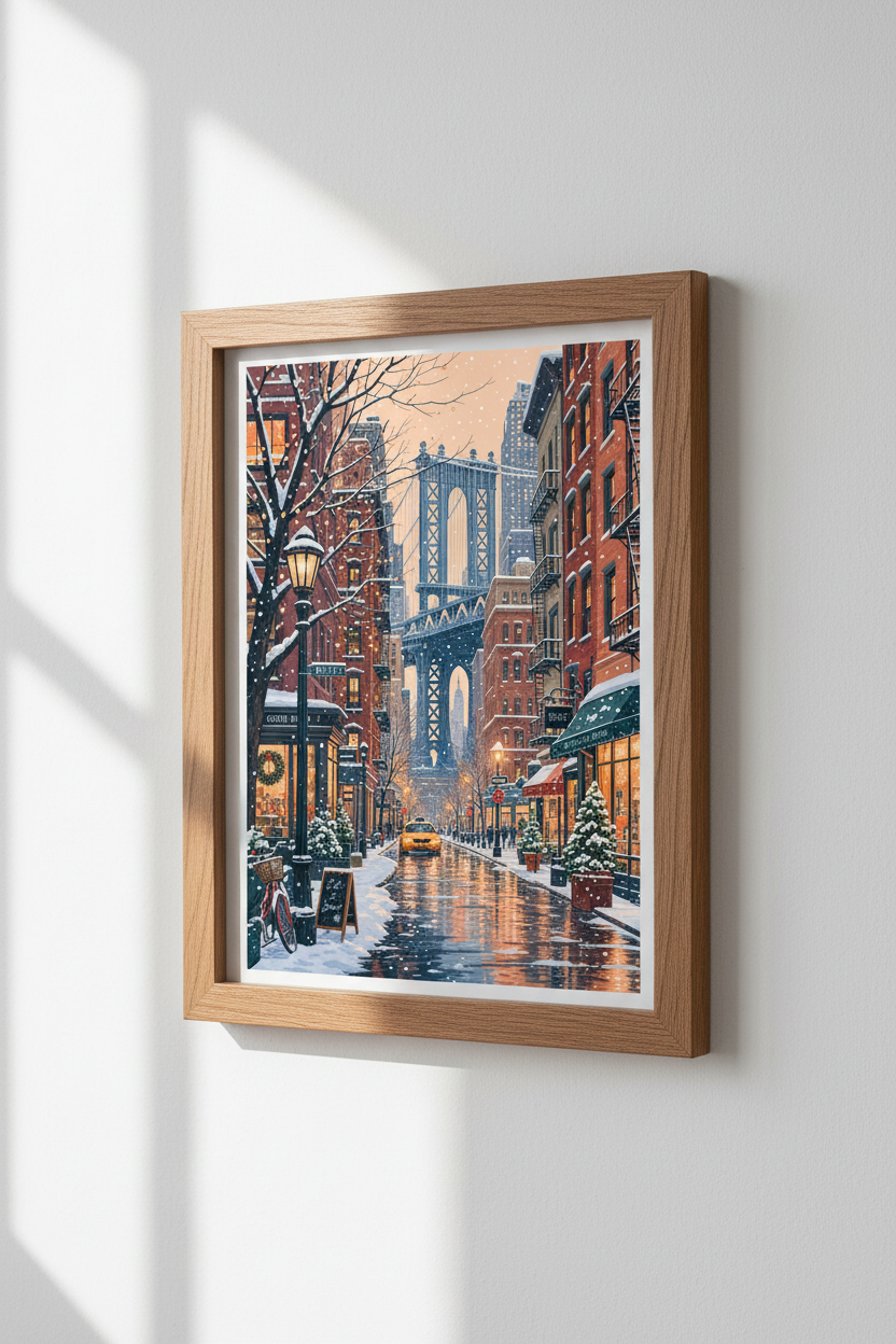 DUMBO Brooklyn Wall Art | Snowy NYC Winter Cityscape | Cozy Holiday Poster