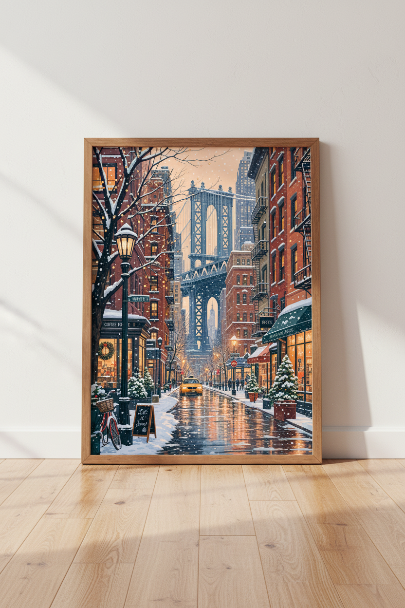 DUMBO Brooklyn Wall Art | Snowy NYC Winter Cityscape | Cozy Holiday Poster