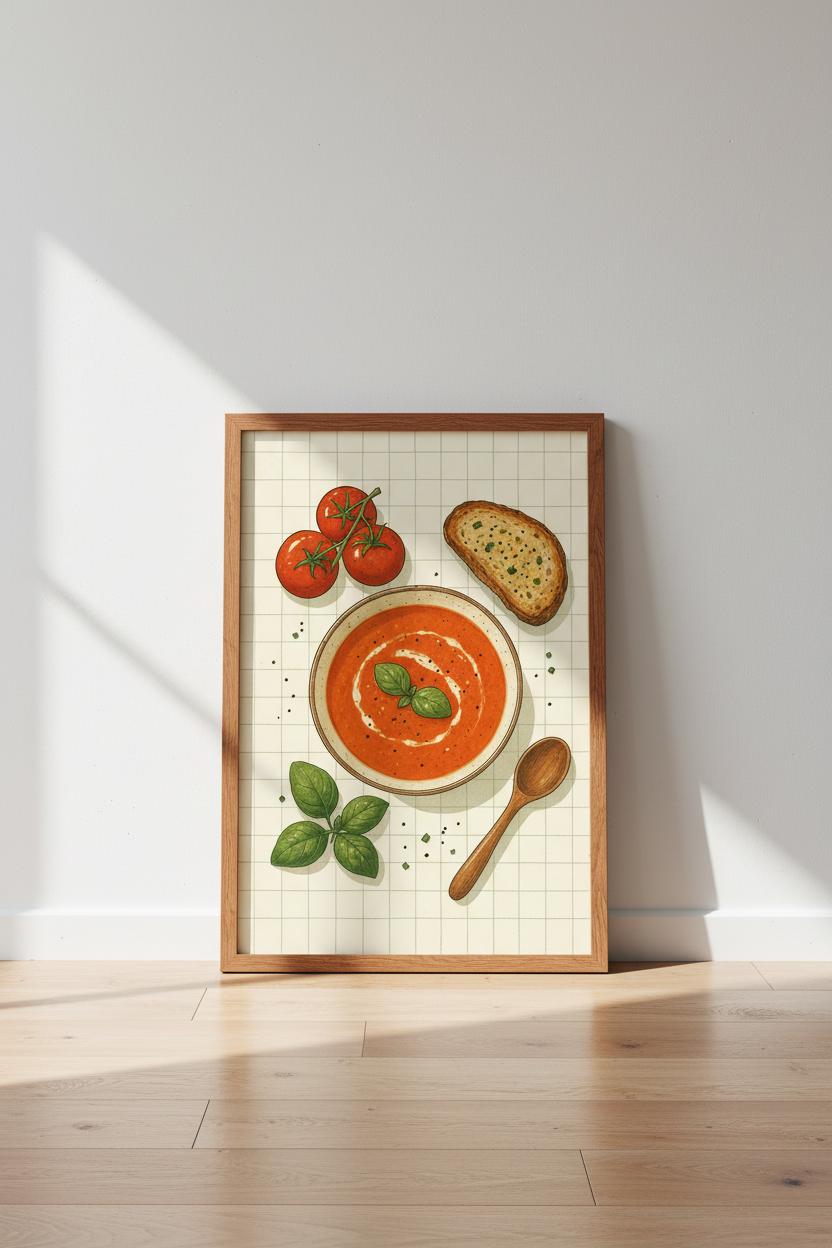 Tomato Soup & Basil Art Print | Kitchen Decor | Cozy Foodie Illustration Poster
