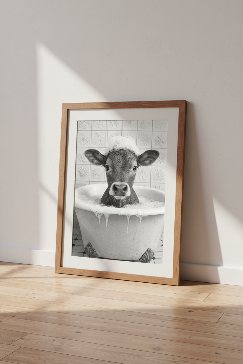 Cow in a Bathtub Wall Art | Funny Farmhouse Bathroom Decor | Black and White Poster