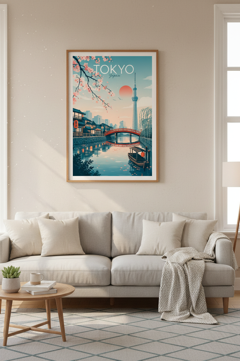 Tokyo Japan Travel Poster | Cherry Blossom & Skytree Wall Art | Pastel Pink Decor