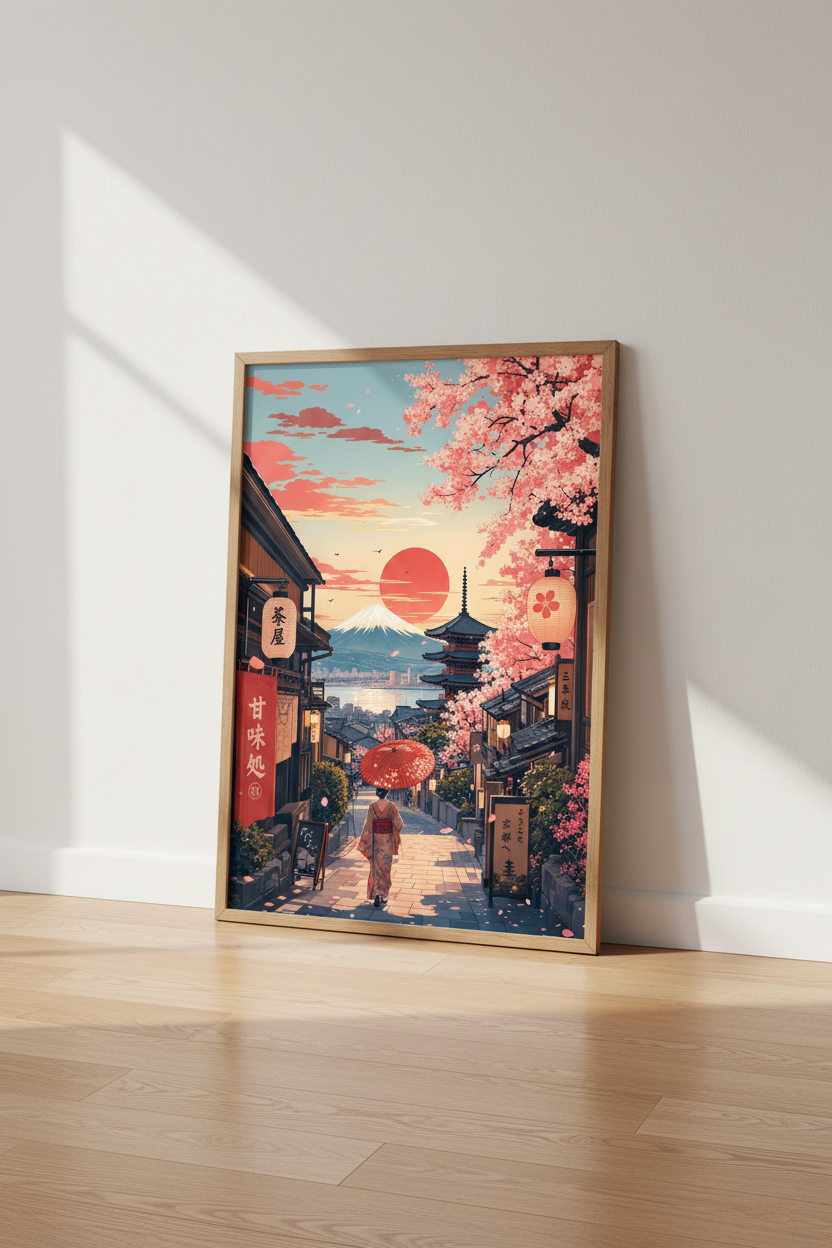 Japan Cherry Blossom Wall Art | Kyoto Pagoda & Mt Fuji Print, Living Room Decor