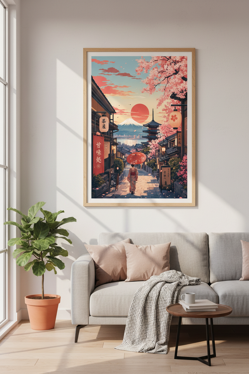 Japan Cherry Blossom Wall Art | Kyoto Pagoda & Mt Fuji Print, Living Room Decor