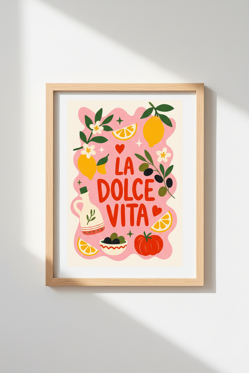 Italian Kitchen Wall Art | La Dolce Vita Lemon Print, Pink Maximalist Poster