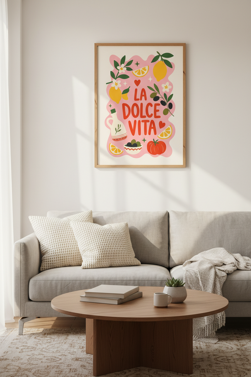 Italian Kitchen Wall Art | La Dolce Vita Lemon Print, Pink Maximalist Poster