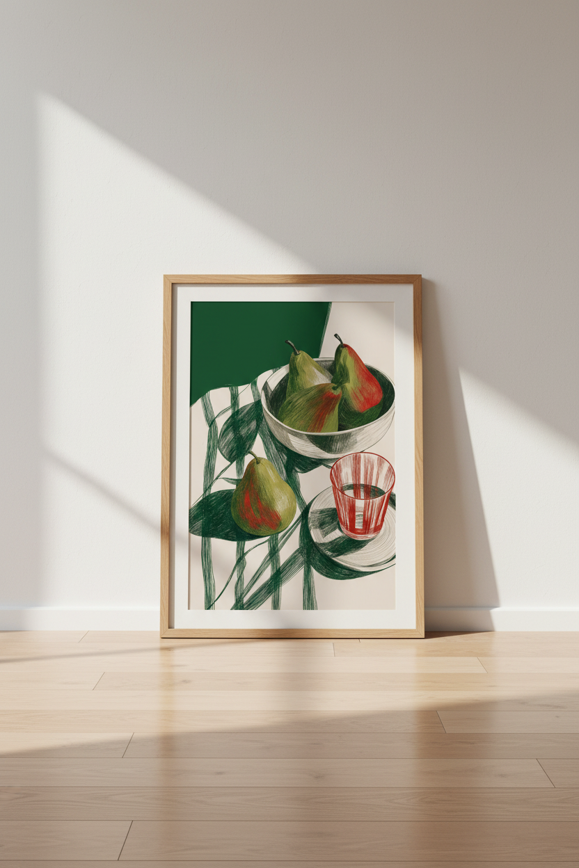 Still Life Pear Art Print | Modern Green Red Kitchen Decor | Graphic Fruit Poster