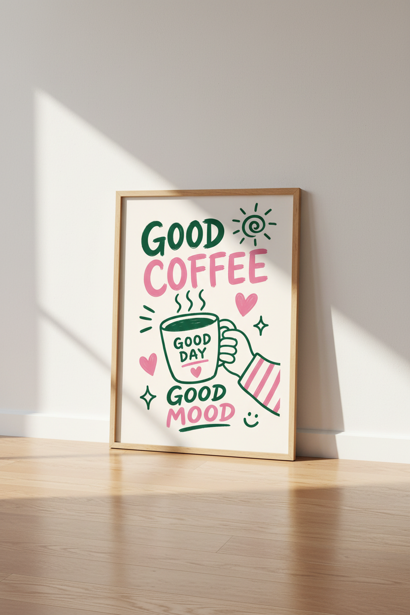 Retro Coffee Kitchen Art | Pink and Green Poster Print | Fun Coffee Bar Decor