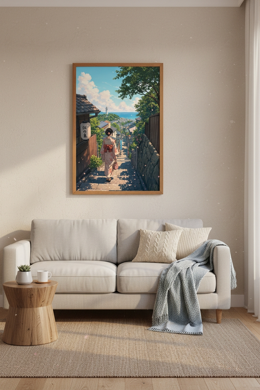 Anime Japanese Town Wall Art | Coastal Kimono Scenery, Ghibli Aesthetic Poster
