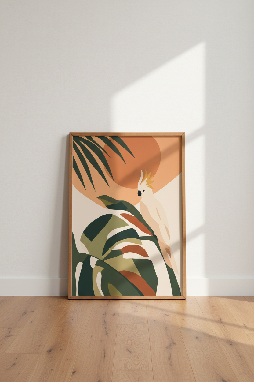 Cockatoo Tropical Bird Art | Boho Terracotta Green Poster, Living Room Decor
