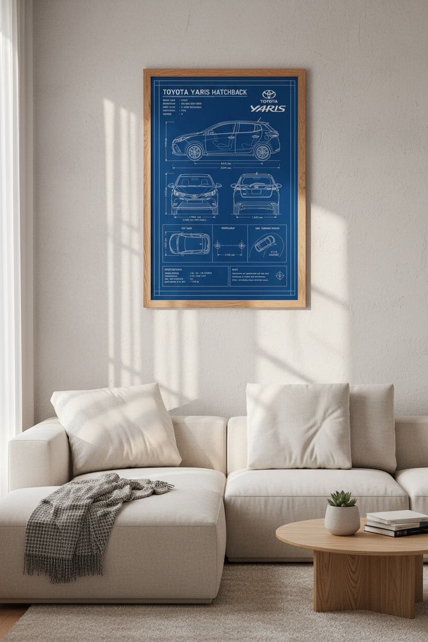 Toyota Yaris Blueprint Wall Art | Blue Technical Car Poster, Garage Decor